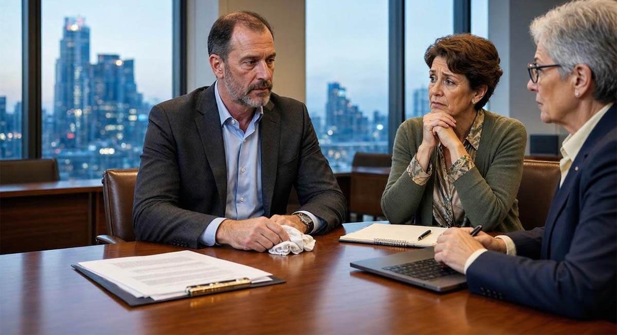 A worried husband and wife at a meeting table with an adviser, papers and a laptop in front of them